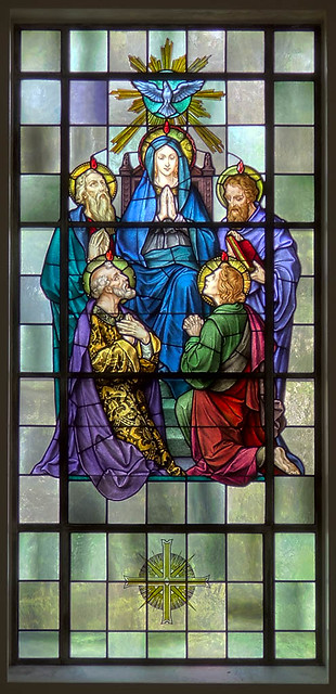 Mary Queen of Peace Roman Catholic Church, in Webster Groves, Missouri, USA - stained glass window of Pentecost.jpg